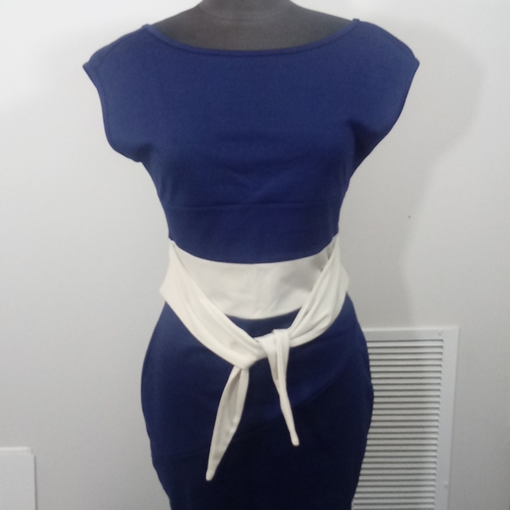 Blue and cream belted dress aline - Picture 1 of 7
